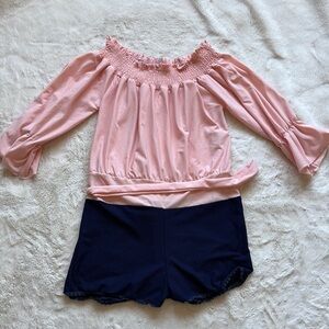 Studio 1000 Pink Off-Shoulder Smocked Romper with Navy Shorts Detail Size Small